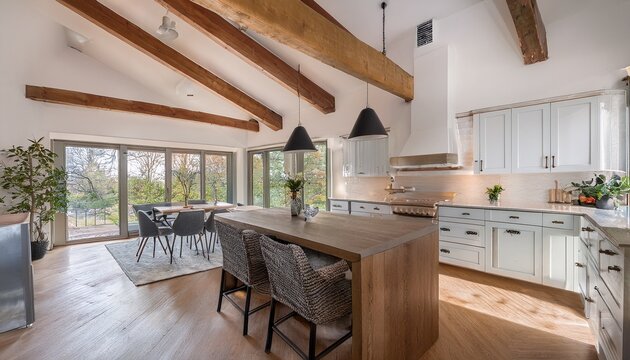 a bright airy kitchen features wood beams skylights flowing into a dining area living space island w seating dominates