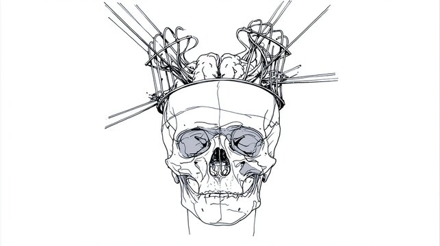 Detailed line drawing of a human skull with an exposed brain and mechanical wires emerging from the top against white background
