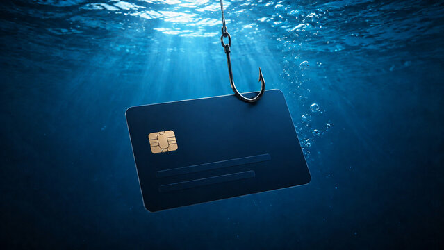 Payment card caught by a fishing hook underwater, illustrating card theft, online payment fraud, financial risk, and digital security awareness