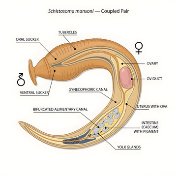 Schistosoma mansoni Coupled Pair Anatomical Diagram Illustration