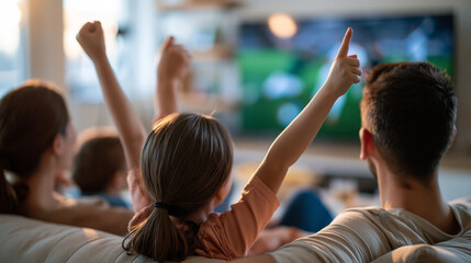 Fototapeta premium rear view of an excited family sitting on a sofa watching a football match at home, backs to camera, sports broadcast concept, leisure, lifestyle, bright living room,