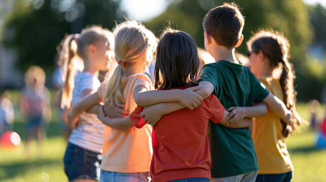 rear view of children standing together outdoors having fun at a bright summer camp park, backs to camera, friendship concept, holiday activity, childhood, teamwork, outdoor,
