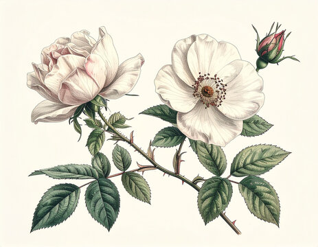 Wild rose stem with delicate flowers in minimalist botanical style