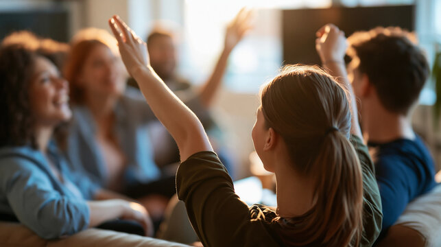 rear view of young people enjoying a name guessing game on a couch at home, backs to camera, fun party activity concept, social interaction, leisure, friendship, lifestyle, bright