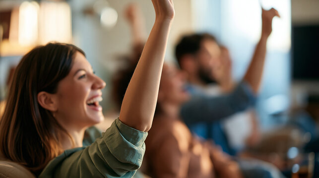 rear view of young people enjoying a name guessing game on a couch at home, backs to camera, fun party activity concept, social interaction, leisure, friendship, lifestyle, bright