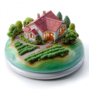Beautiful cake shaped like a house with trees and garden on a plate