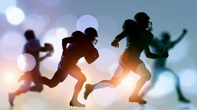 silhouettes of american football players including a quarterback, runner, kicker and celebrator on a bright background, sports concept, athletic movement, competition, energy,
