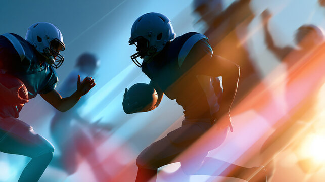silhouettes of american football players including a quarterback, runner, kicker and celebrator on a bright background, sports concept, athletic movement, competition, energy,