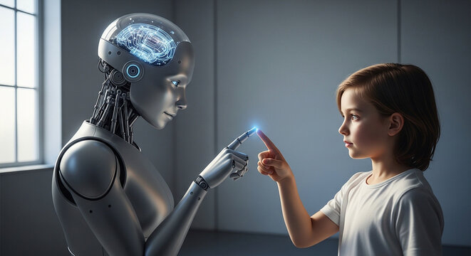 A humanoid robot with a visible glowing brain interacts with a young child, touching fingertips with a blue light, symbolizing connection and future technology.