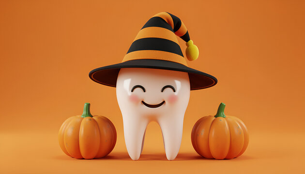 Cute Halloween Tooth Character with Witch Hat and Pumpkins