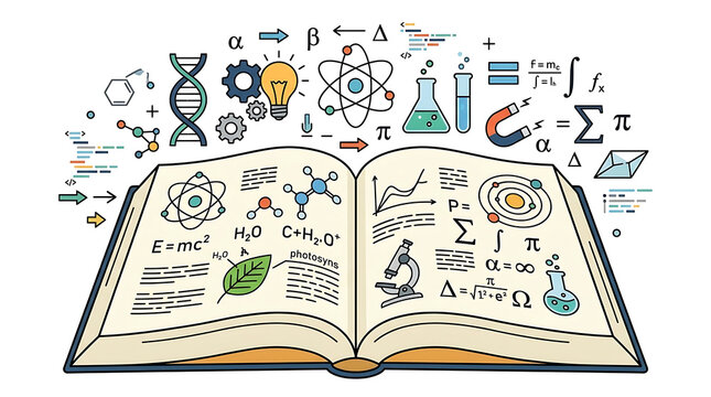 Open Science Book Illustrating Chemistry Biology Physics Mathematics And Engineering Concepts With Icons Floating Above