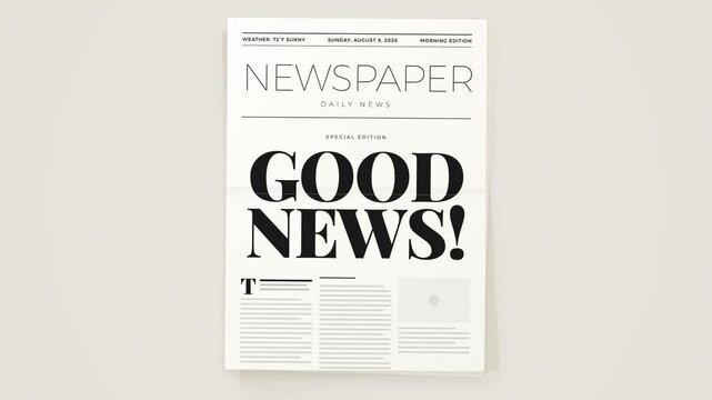 Generic daily newspaper front page featuring bold good news headline for business and marketing concepts