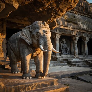 Elephant Statue Sculpture in Asian Cultural Heritage Setting with Stone Texture, Ancient Wildlife Symbolism and Traditional Animal Art