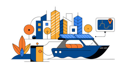 Fototapeta premium Premium Vector V4 HD illustration of a modern electric boat powered by rooftop solar panels traveling through a clean urban waterway, charging dock, smart navigation system, sustainable transportation