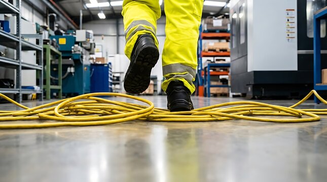 Worker stepping over yellow cables in industrial setting