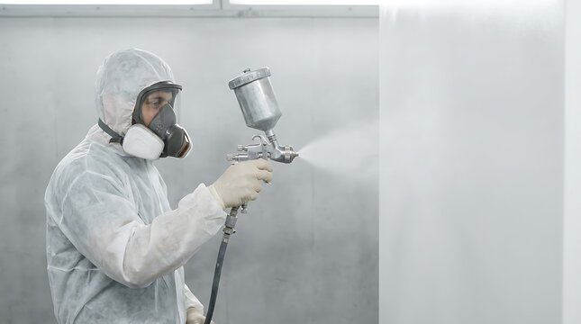 Worker spray painting wall in protective suit wall painting