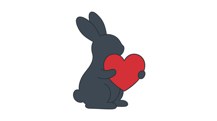 Cute dark grey rabbit silhouette holding a red heart, flat design vector illustration isolated on white