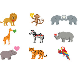 Obraz premium Cute flat design animal icons with hearts, including lion, monkey, elephants, giraffe, zebra, rhino, hippo, tiger, parrot