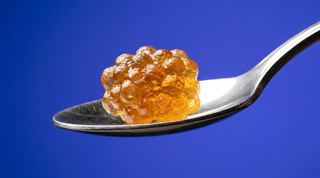 Translucent amber caviar on metal spoon