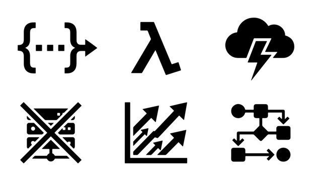 Serverless Computing Icons: Lambda, Cloud, Data Flow, Growth, Code Snippet