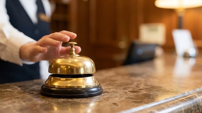 Receptionist ringing golden bell on marble desk hotel
