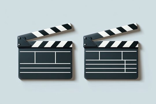 Two film clapperboards, one open, one closed, on a light blue background