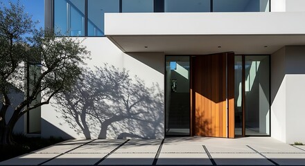 Fototapeta premium Contemporary Luxury Home Design Featuring Minimalist White Facade and Natural Wood Entrance