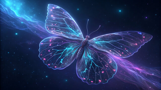 Glowing futuristic butterfly with neural network wings in deep space cosmic setting