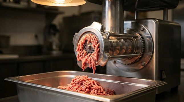 Meat grinder extruding ground meat into stainless steel tray