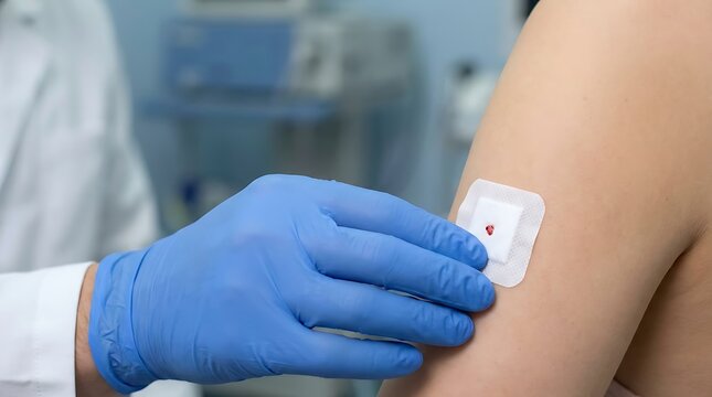 Medical applying adhesive bandage to patient's arm