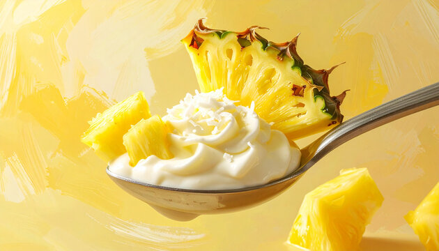 Creamy yogurt on spoon with fresh pineapple and coconut cream on a pale tropical background