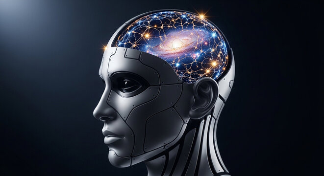 A futuristic humanoid robot head with an exposed brain showing a glowing cosmic network and galaxy, representing artificial intelligence and advanced thought.