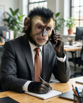 A black-crested capuchin monkey in a charcoal suit sits on a phone call taking notes with steady dark eyes, showing complete business focus in bright collaborative office light.