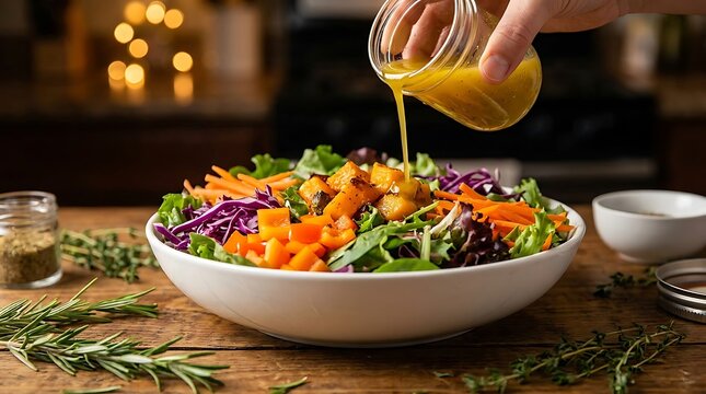 Hand pouring yellow dressing on fresh salad