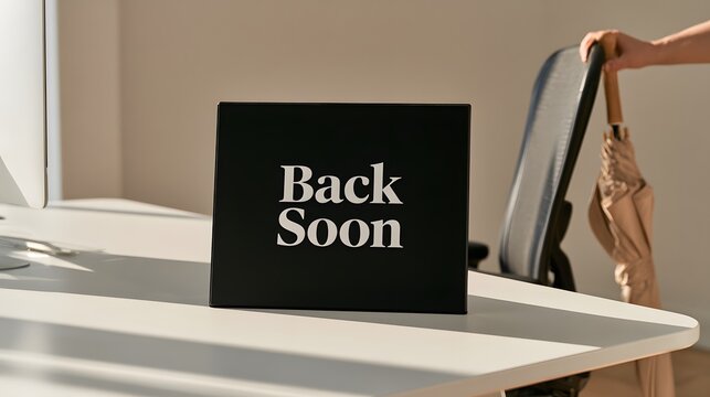 Back Soon sign displayed on white table in office table. 