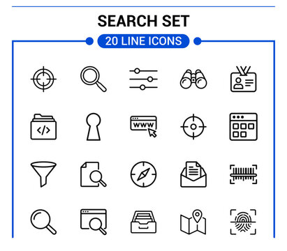 Search Set Line Icon Set Isolated on White Background, Magnifying Glass, Filter, Target, Barcode Scanner,