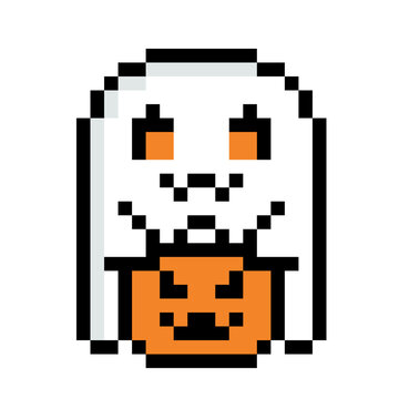 Cute Pixel Art Ghost Costume Character Holding Halloween Pumpkin Bucket