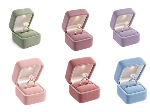 Set of six pastel colored velvet engagement ring boxes displaying diamond rings, perfect for luxury jewelry display or romantic proposals.