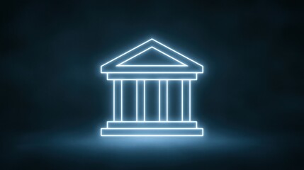 Fototapeta premium Glowing Neon Courthouse or Government Building Icon on Dark Background, Symbolizing Law and Justice