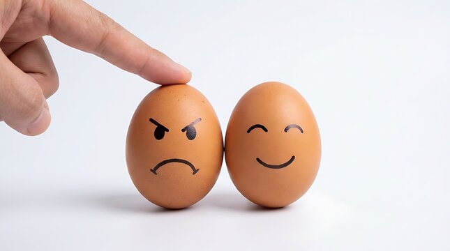 Finger touching angry and happy egg faces hand brown eggs
