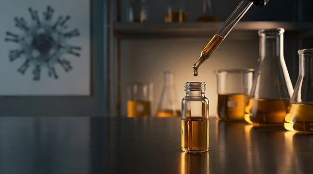 Dropper dispensing golden liquid into glass vial pipette