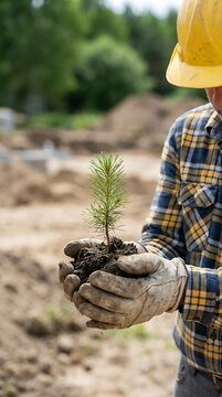 Construction worker holding young pine tree seedling