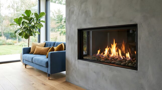 Contemporary living room with burning fireplace flames