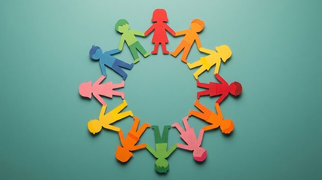Colorful paper figures holding hands in a circle people