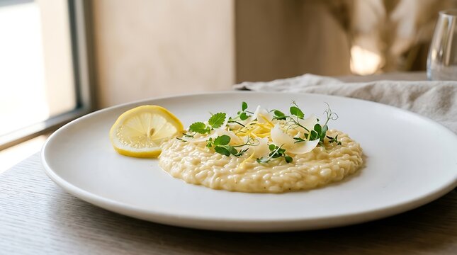 Traditional lemon risotto with shaved parmesan and microgreens decoration for Mediterranean cuisine.