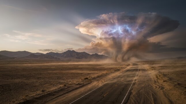 Dramatic supercell storm with lightning over a desert road and mountains.