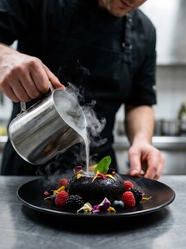 Chef pouring liquid nitrogen over chocolate dessert