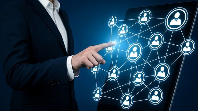 Businessman pointing at digital network visualization