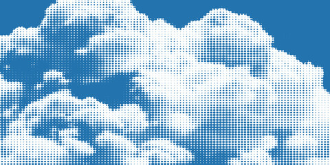 Halftone blue sky with fluffy white clouds. Retro comic dot texture with vintage pop art effect. Abstract summer cloud background inspired by manga and comic print. Vector illustration © yusuf