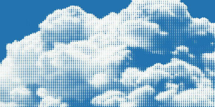 Halftone blue sky with fluffy white clouds. Retro comic dot texture with vintage pop art effect. Abstract summer cloud background inspired by manga and comic print. Vector illustration